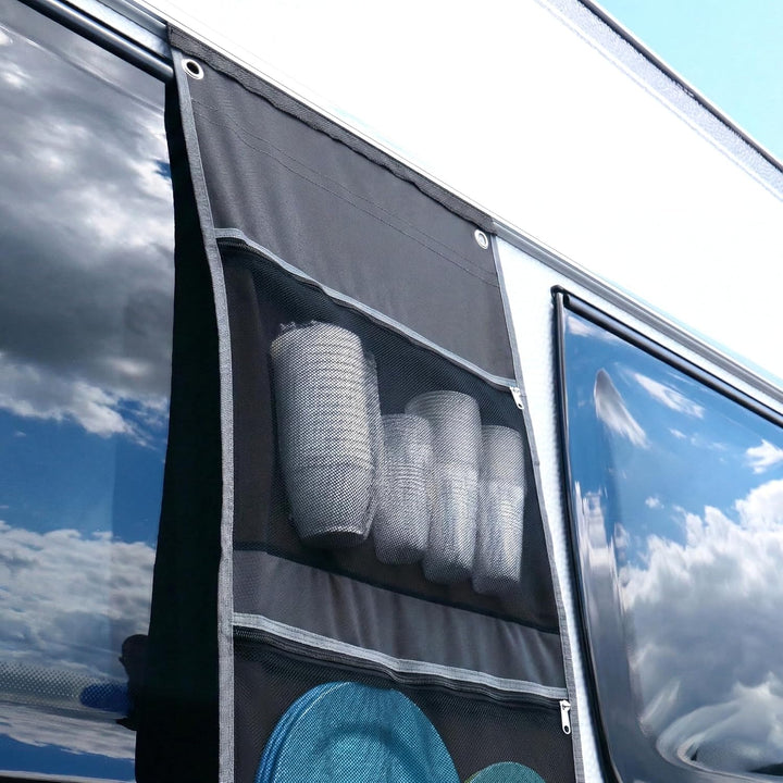 your GEAR Caravan Organizer Mesh - Hängeregal für Zelt, Vorzelt, Wohnwagen 140 x 45 cm, 4 Fächer