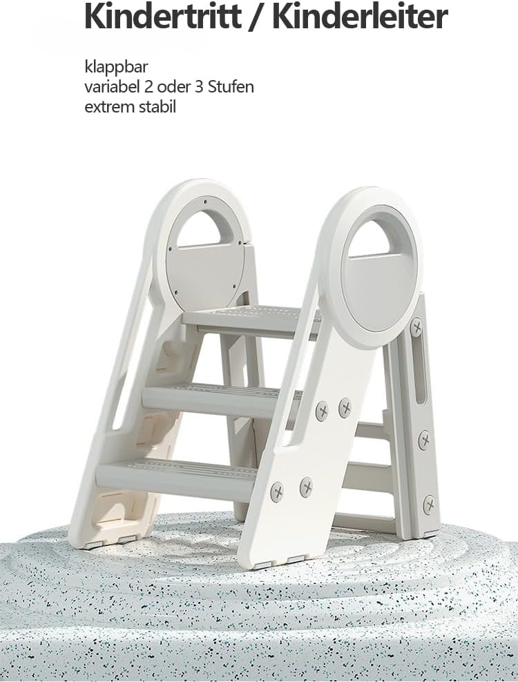 Klappbarer Kindertritt, 2-3 Stufen, 65 cm Höhe, 34x35 cm Trittfläche, bis 75 kg, Weiss/Grau, Kinderl