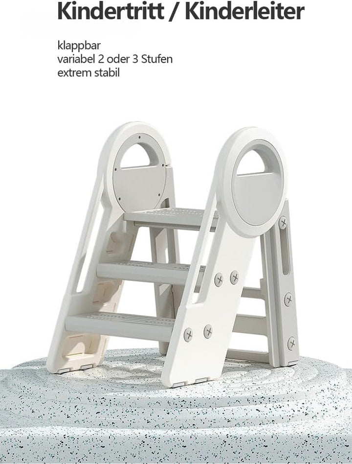 Klappbarer Kindertritt, 2-3 Stufen, 65 cm Höhe, 34x35 cm Trittfläche, bis 75 kg, Weiss/Grau, Kinderl