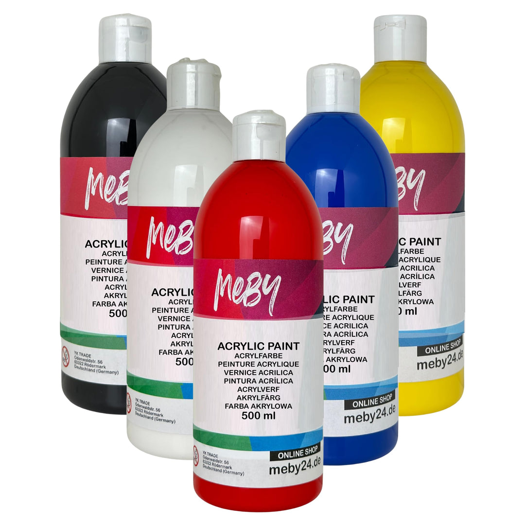 Acrylfarben-Set. 5 Farben je 500ml. Deckende Malfarben für Leinwand, Pouring, Papier, Holz, Stein, S