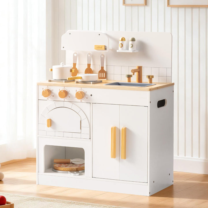ROBUD Spielküche Holz für Kinder, Pizzaofen Kinderküche mit Kochgeschirr &amp; Pizzaschneider-Zubehör, R
