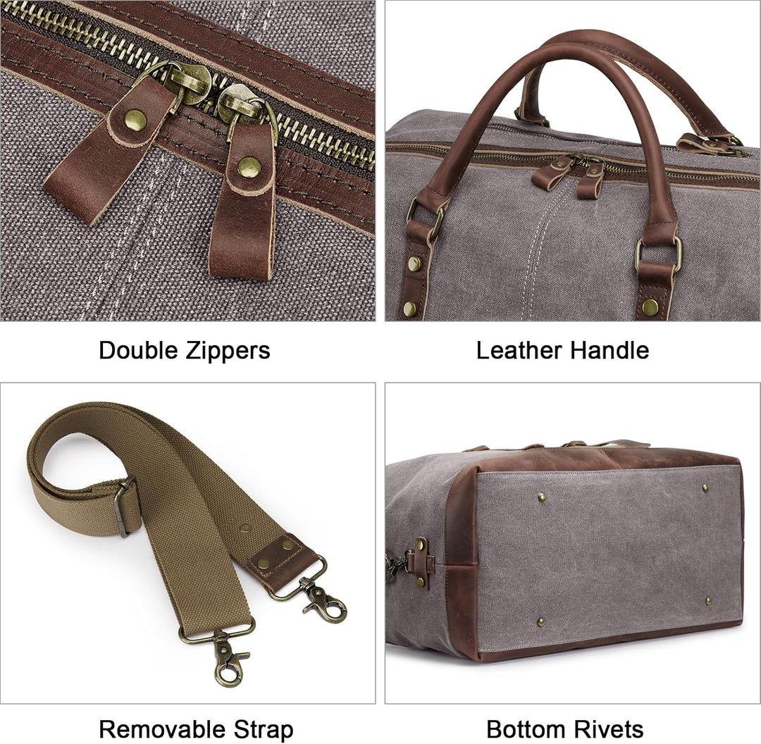 S-ZONE Reisetasche 60L Vintage Canvas Crazy Horse Leder Trim Unisex Handgepäck Weekender Tasche Spor