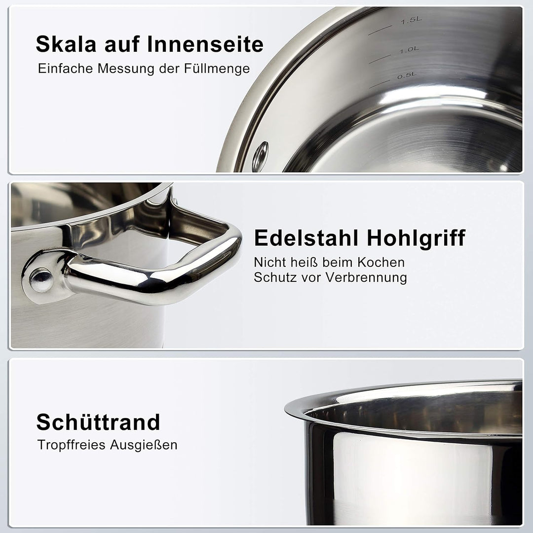 Linnuo Topfset Induktion Kochtopf Set Edelstahl Töpfe mit Glasdeckel für alle Herde inkl Induktionsh