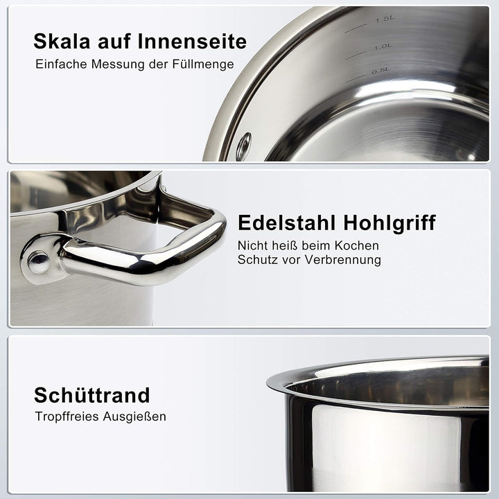 Linnuo Topfset Induktion Kochtopf Set Edelstahl Töpfe mit Glasdeckel für alle Herde inkl Induktionsh
