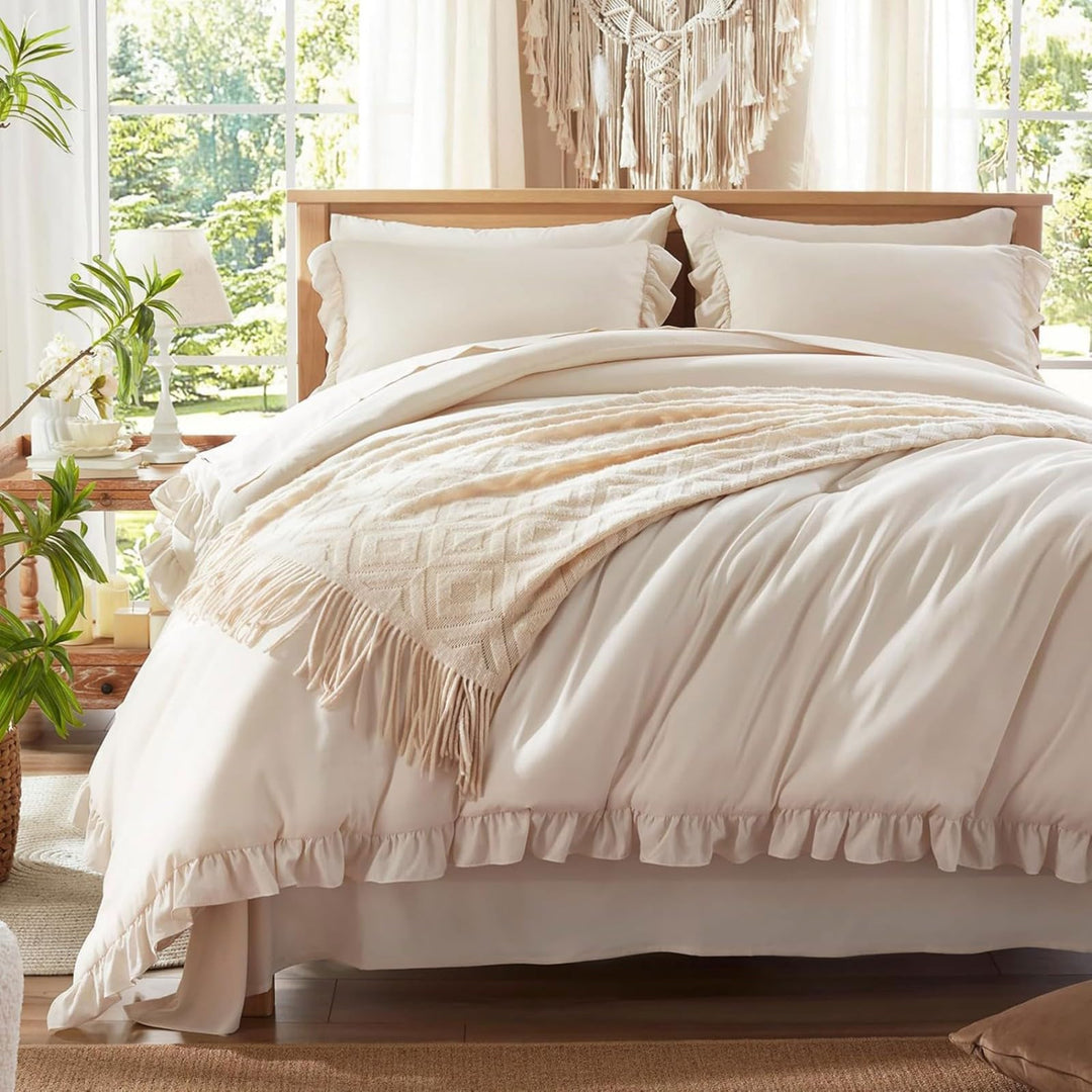 Freyamy Bettwäsche 155x220cm 2teilig Beige Rüschen Romantisch Mädchen Bettwäsche Uni Plisseefalten C