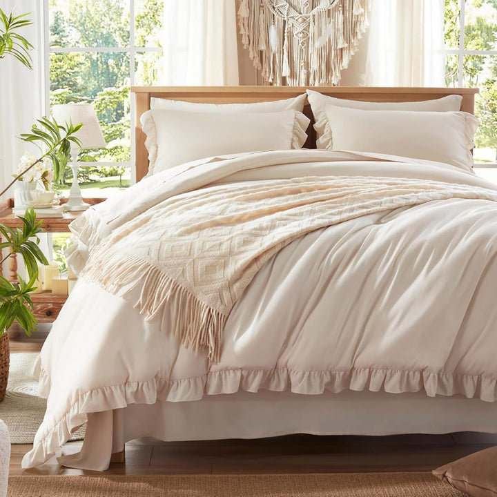 Freyamy Bettwäsche 155x220cm 2teilig Beige Rüschen Romantisch Mädchen Bettwäsche Uni Plisseefalten C