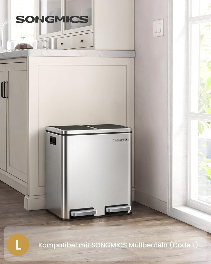 SONGMICS Mülleimer Küche, 2 x 15 L, Mülltrennsystem, Abfalleimer aus Metall, Treteimer mit Inneneime