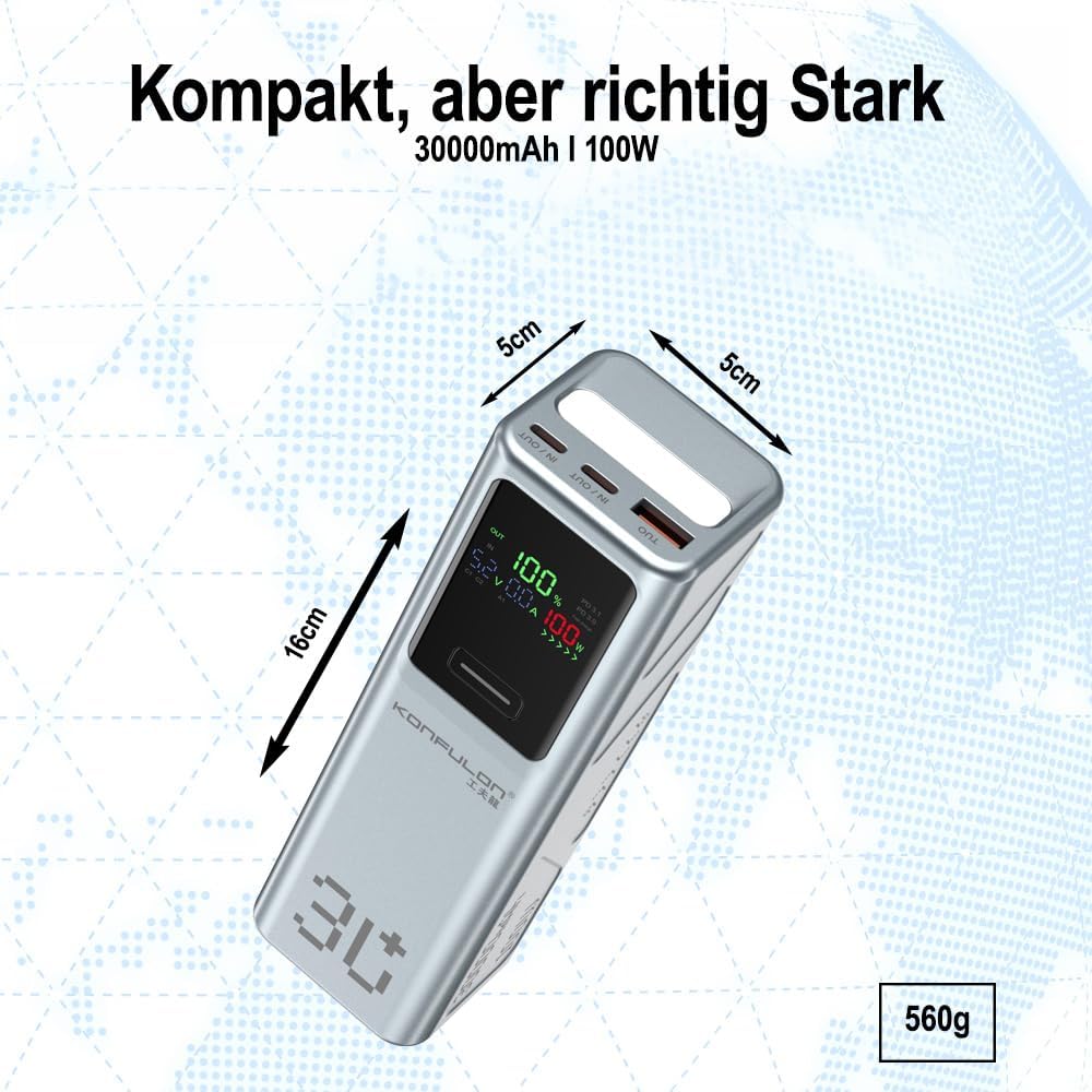 Powerbank 30000mAh – 100W Schnellladefunktion, 3 Ausgänge (2× USB-C & 1× USB-A), LED-Display – Für S
