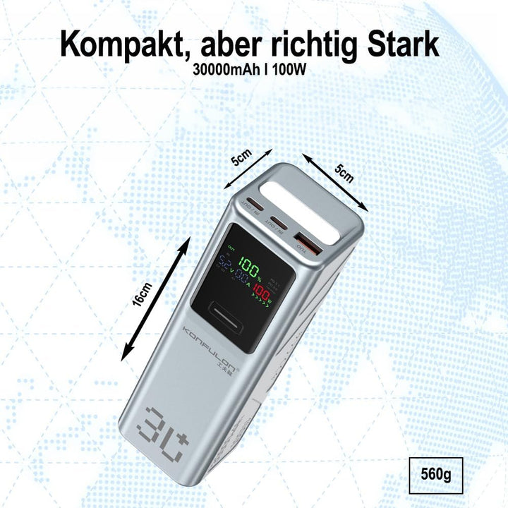 Powerbank 30000mAh – 100W Schnellladefunktion, 3 Ausgänge (2× USB-C & 1× USB-A), LED-Display – Für S