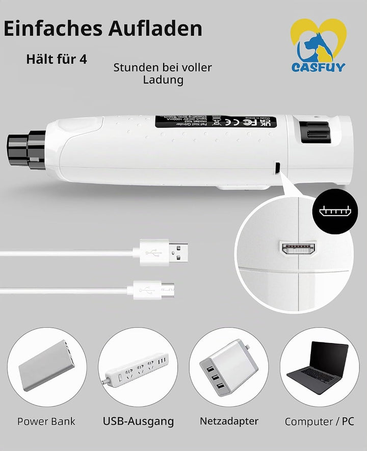 Casfuy Krallenschleifer für Hunde - (45 dB) 6-Gang-Haustier-Krallenschleifer mit 2 LED-Lichtern für