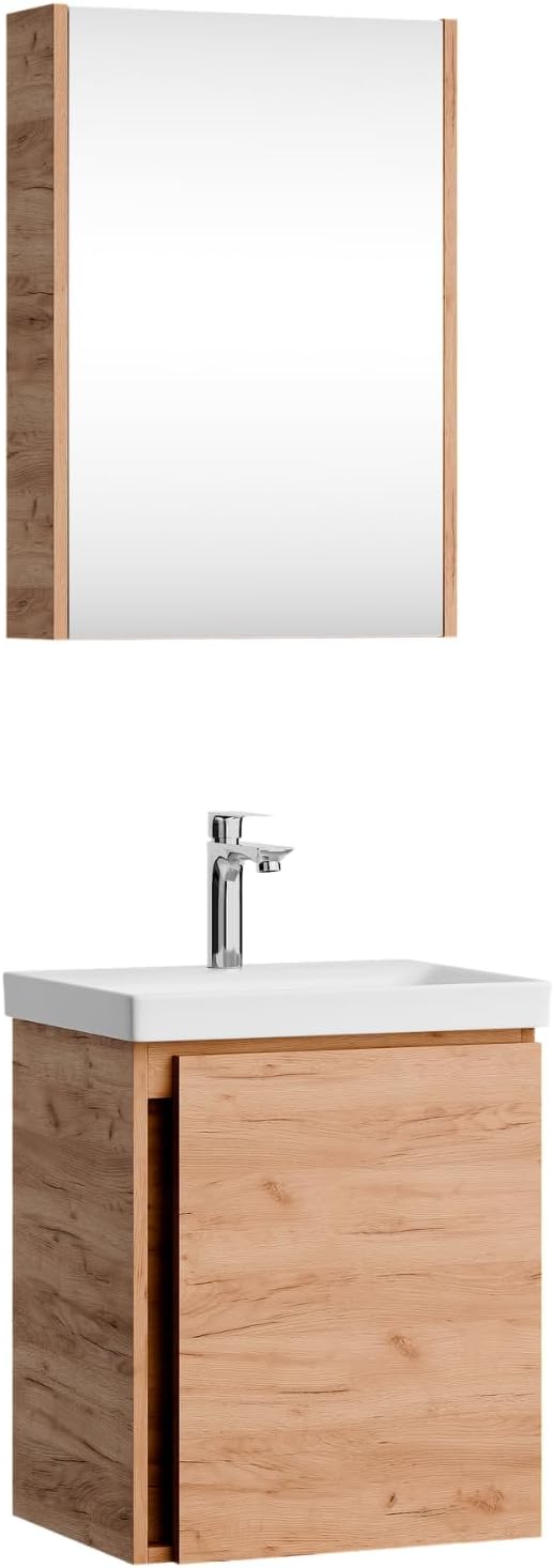 Planetmöbel Waschtisch + Spiegelschrank Badmöbel Set 50cm für Badezimmer WC (Gold Eiche), Gold Eiche