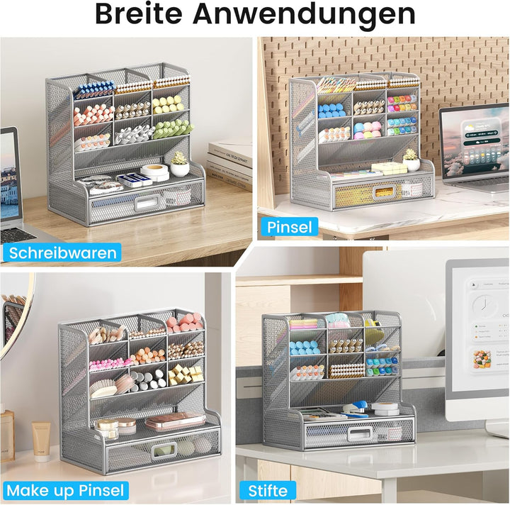 VITVITI Schreibtisch Organizer, 9 Fächer Stiftehalter mit Schublade, Netz Stifte Regal aus Metall, S