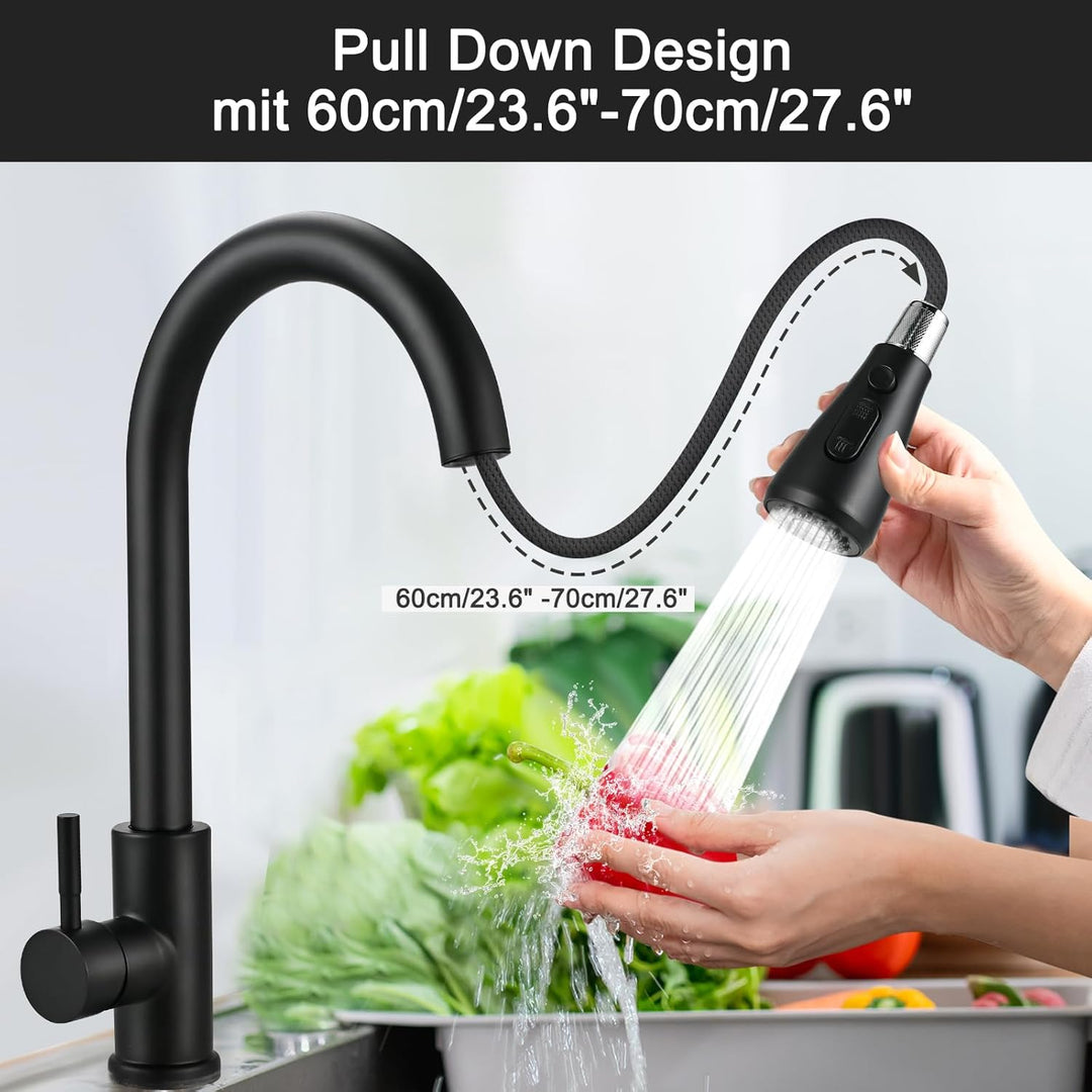 Cieex Wasserhahn Küche Schwarz, Hochdruck Küchenarmatur Ausziehbar 360° Drehbar, Mischbatterie Spült