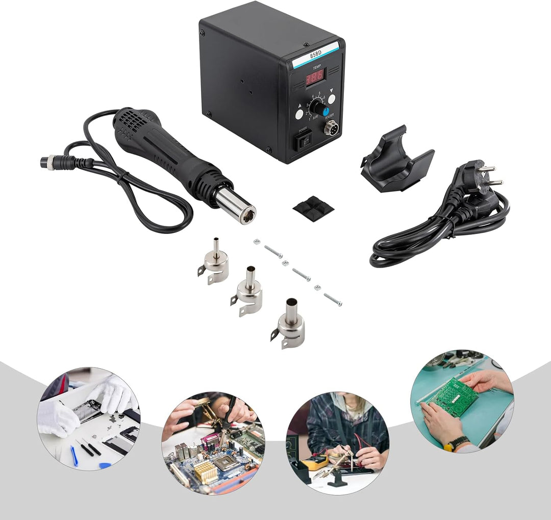 Heissluft-Rework-Station 858D, 700 W, 100–500 °C, LED, 3 Düsen | PID-Regelung, 8 Luftstufen und Wink