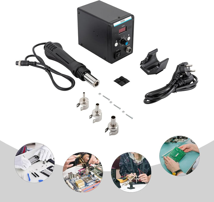 Heissluft-Rework-Station 858D, 700 W, 100–500 °C, LED, 3 Düsen | PID-Regelung, 8 Luftstufen und Wink