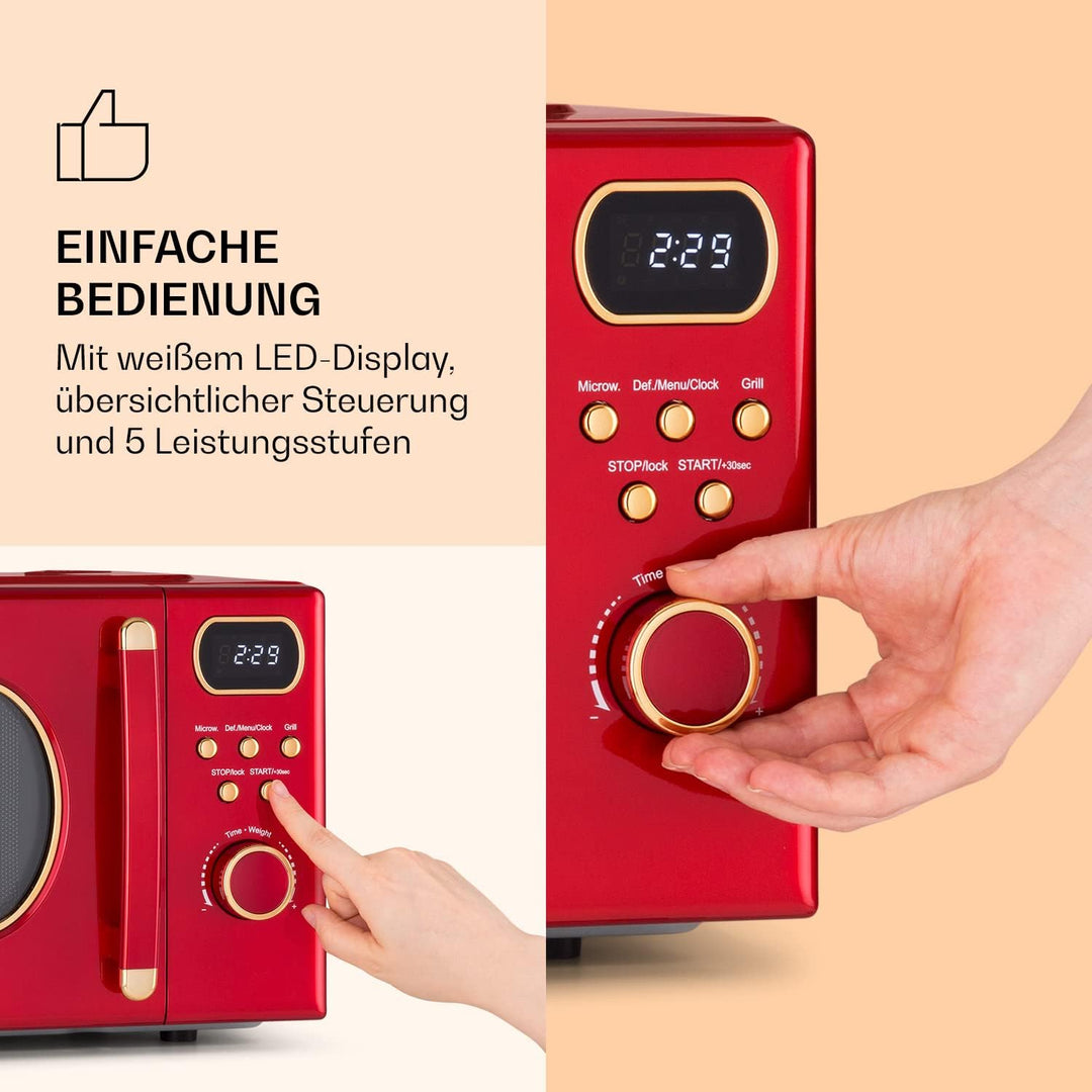 Klarstein Mikrowelle mit Grill, 800 Watt Mikrowelle Klein, 3-in-1Edelstahl-Mikrowelle Rot, Kleine 20