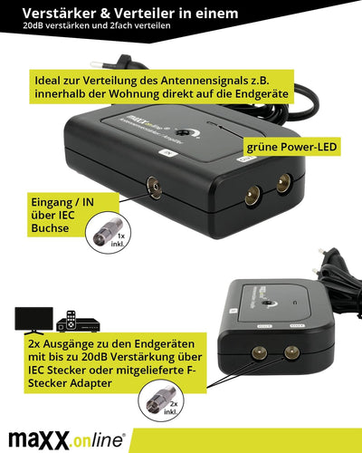 maxx.onLine Antennenverstärker mit 2 Ausgängen 2X 20 dB Verstärkung inkl. F-Adapter, 85-1006 MHz, Ka