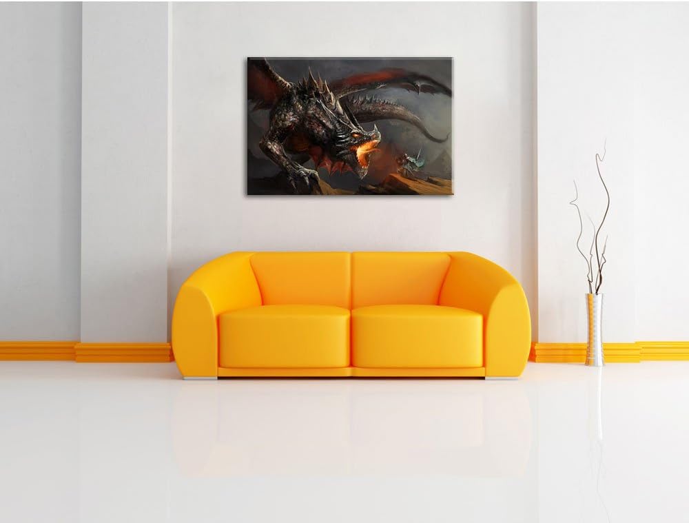 Pixxprint Kampf zwischen Mensch und Drache als Leinwandbild/Grösse: 100x70 cm/Wandbild/Kunstdruck/fe