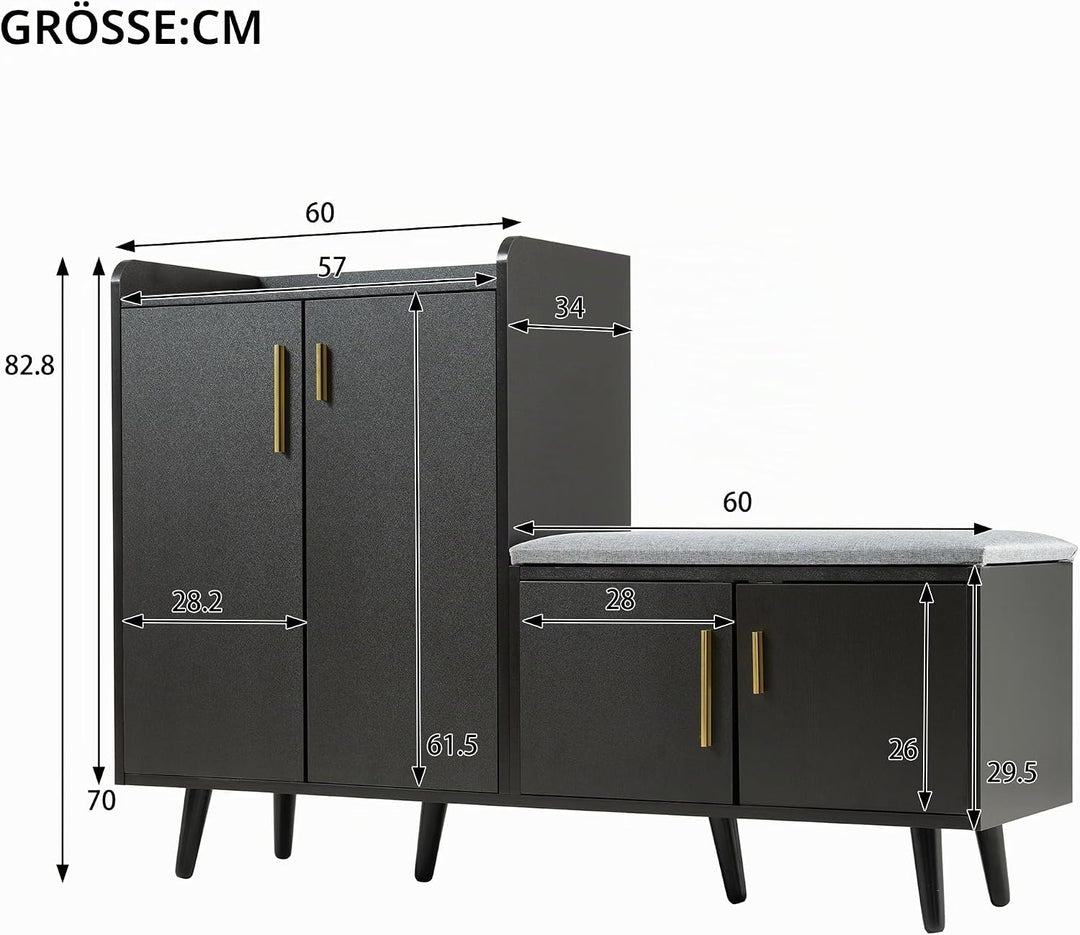 Merax Schuhschrank mit Sitzbank, Schuhbank mit Sitzfläche, 4 Stauraumtüren, asymmetrische Metallgrif