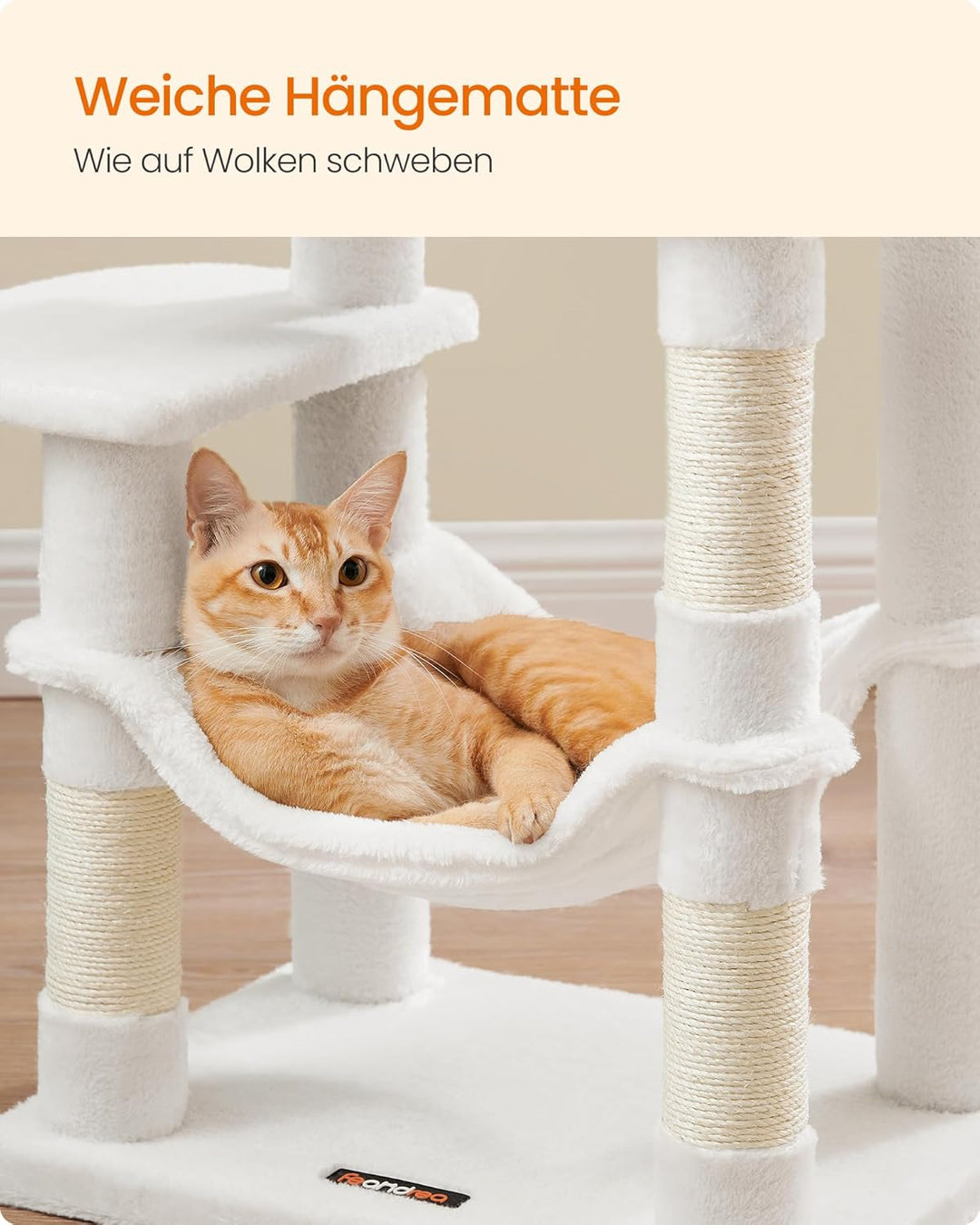 Feandrea Kratzbaum, 112 cm hoch, Katzenbaum, mehrstöckiges Katzenhaus, mit 4 Kratzsäulen, 2 Plattfor