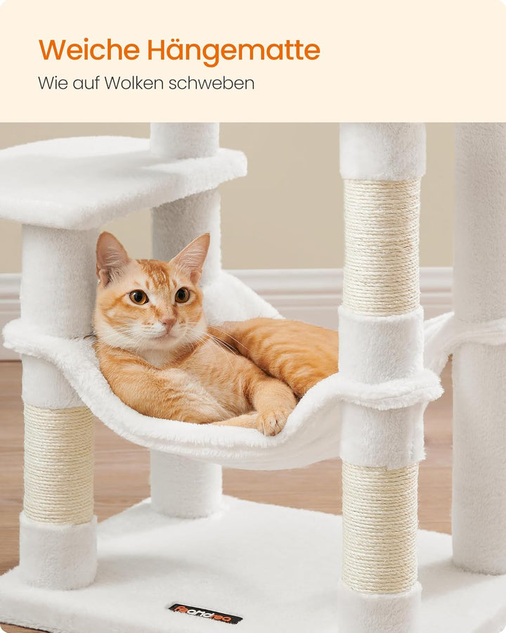 Feandrea Kratzbaum, 112 cm hoch, Katzenbaum, mehrstöckiges Katzenhaus, mit 4 Kratzsäulen, 2 Plattfor