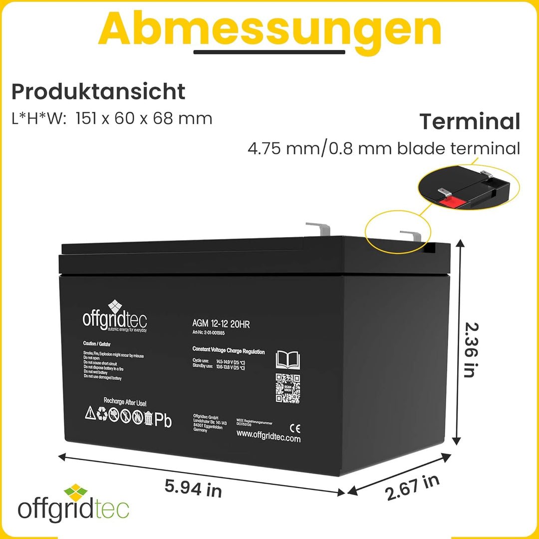 Offgridtec® 12Ah 12V Bleiakku AGM Zyklenfest USV Ersatz VRLA, 12Ah