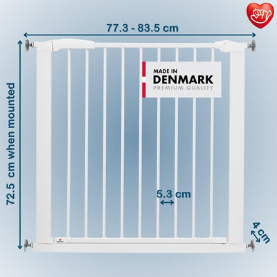BabyDan Babyschutzgitter mit Schaukelverschluss, Breite 77,3-83,5 cm, Weiss, hergestellt in Dänemark