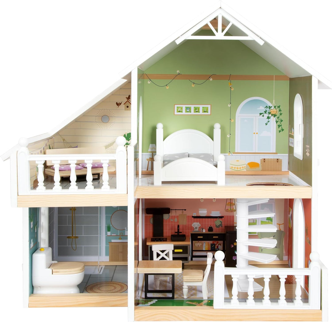 small foot Puppenhaus mit Dachterrasse aus Holz, mit offener Front und Zubehör, für Kinder ab 3 Jahr