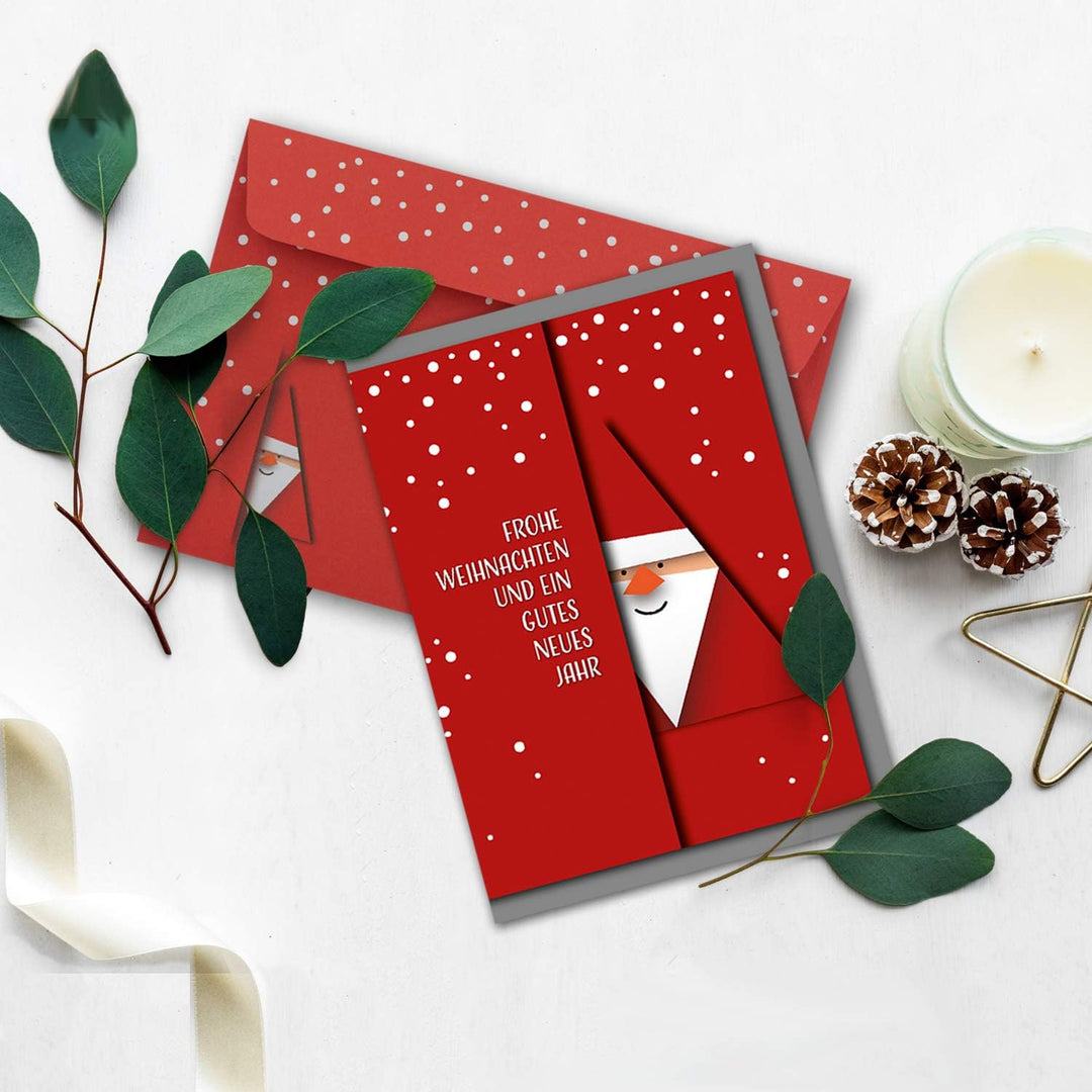 NEUSER PAPIER 100x Weihnachtskarten-Set DIN A6 mit rotem Weihnachtsmann Motiv - Faltkarten mit passe