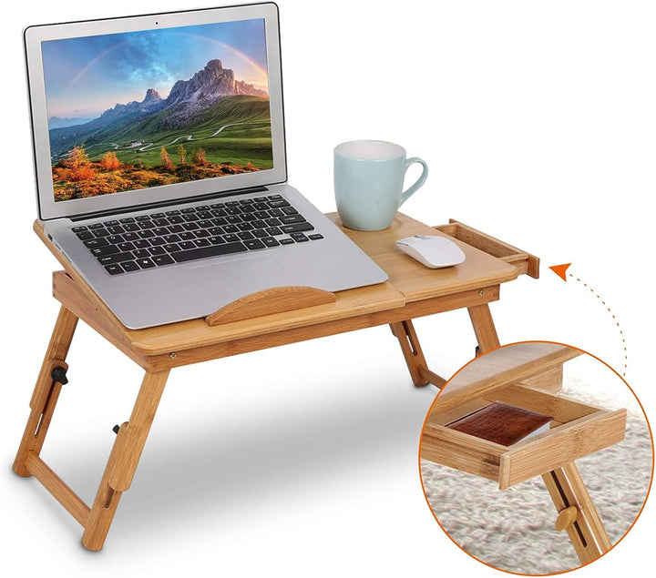 Faltbarer Laptop-Tisch, Klappbarer Betttisch, Computertablett mit Bambus-Schublade, Verstellbar (Sti