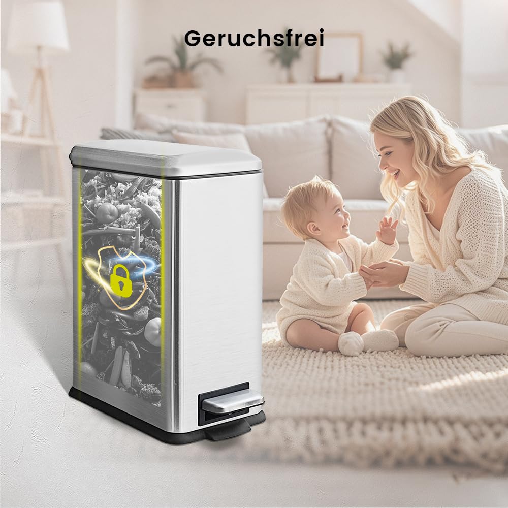 Mülleimer,45L Treteimer mit Inneneimer,45 Liter Schmaler Abfalleimer mit Pedal,Edelstahl Tretmülleim