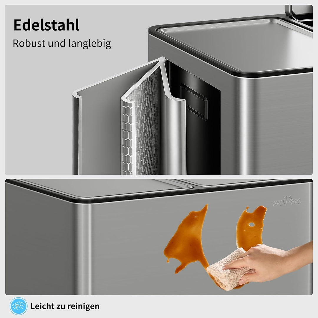 mVm Mülleimer Küche,40 Liter Treteimer,2 x 20 Liter Treteimer, 2 Fächer, Mülltrennsystem, Abfalleime