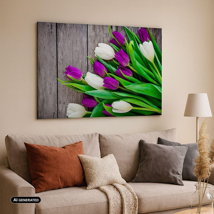 Bilder auf Leinwand 100x70cm Leinwandbild Tulpen Holz Blumenstrauss Blumen Gross Wanddeko Bild Schla