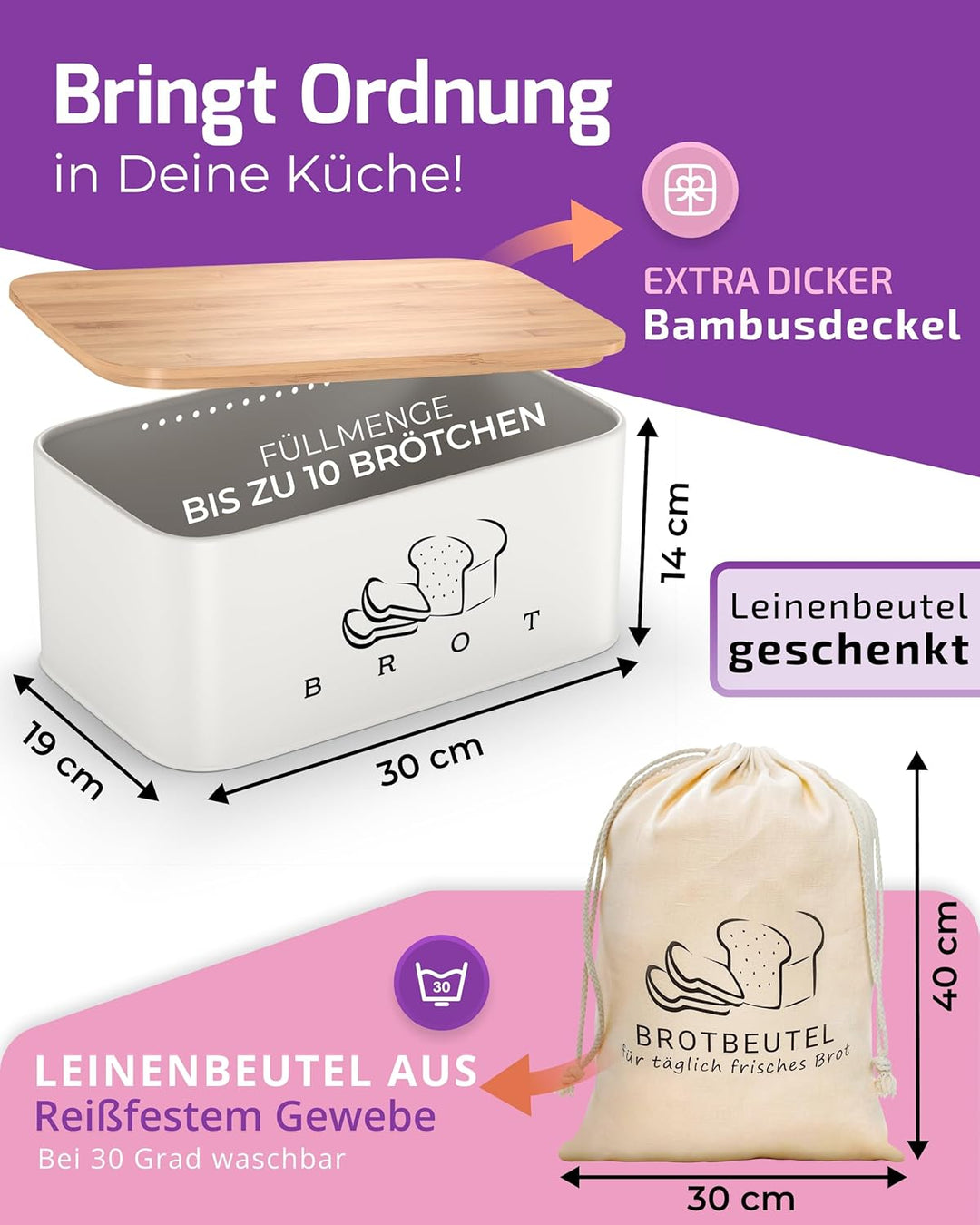 Brotkasten Weiss – Brotbox mit Bambusdeckel als Schneidebrett [2in1 Brotbehälter]- inklusive gratis