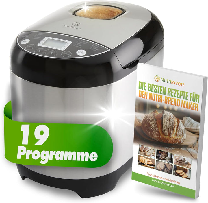 Nutrilovers NUTRI-BREAD-MAKER Edelstahl Brotbackautomat mit 19 Programmen, 3 Bräunungsstufen, Timer,