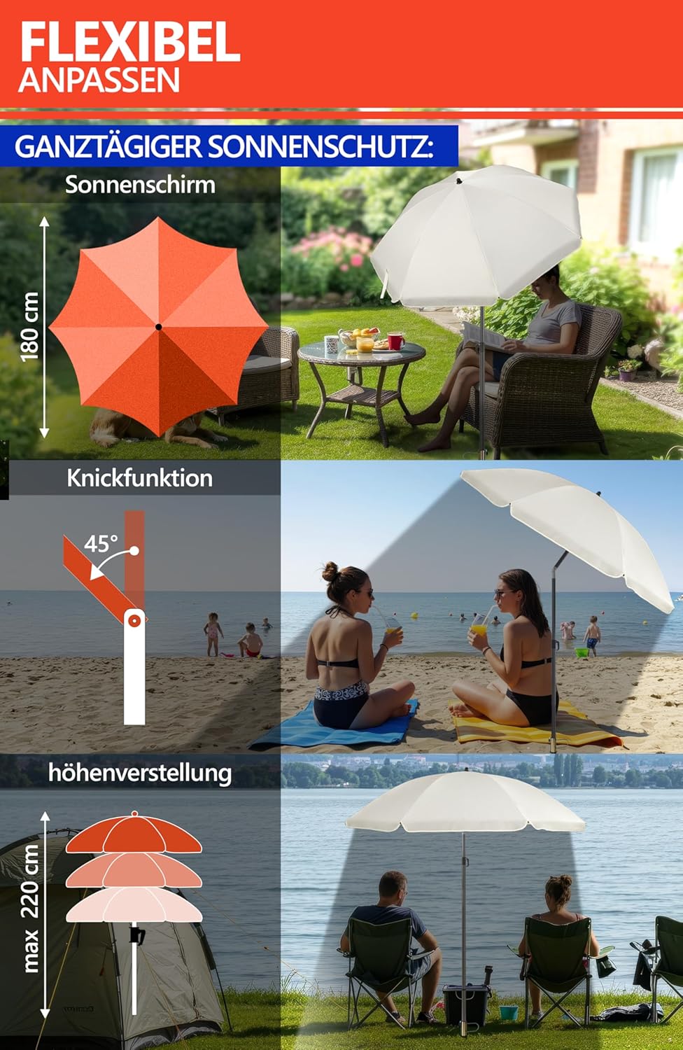 4smile Sonnenschirm Strand SunnyJoy Ø 160 cm, Beige – 3er Set inkl. Strandschirm windfest stabil, Ra