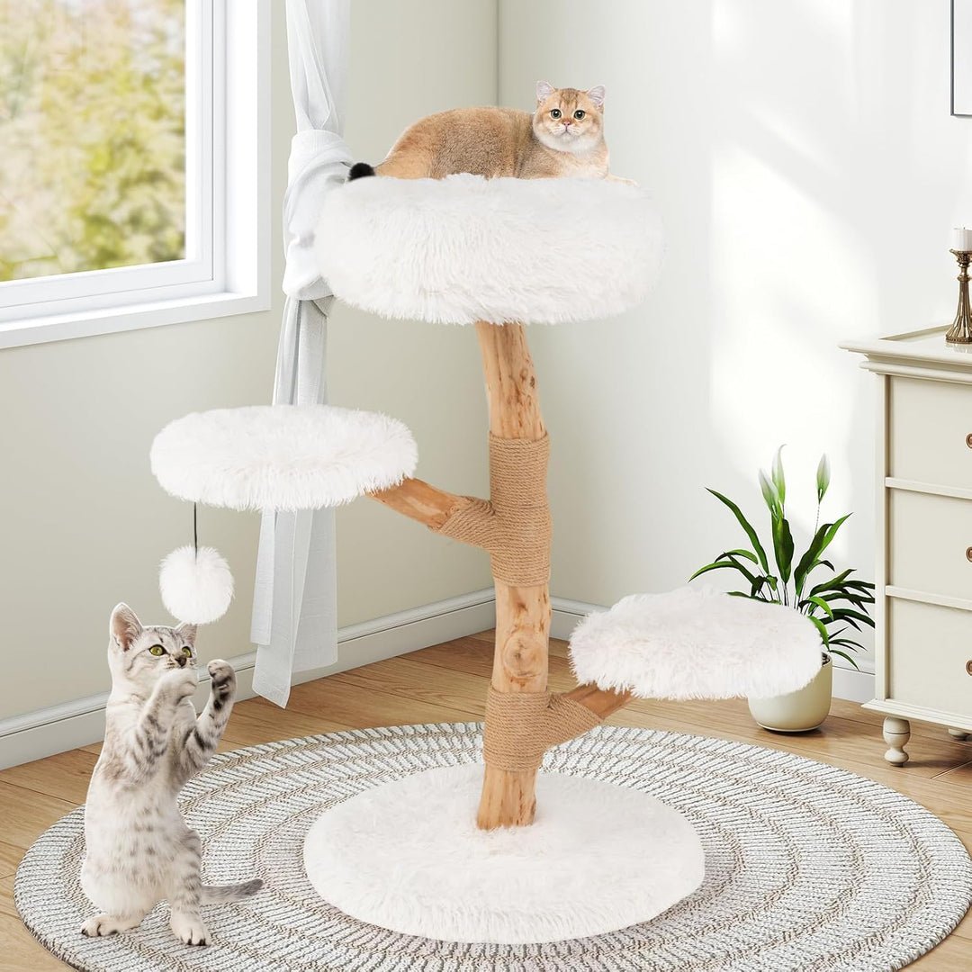 COSTWAY 90cm Kratzbaum Holz, Katzenbaum mit 4 Plüschsitzflächen, Ball & Kratzpfosten aus Jute und Ma