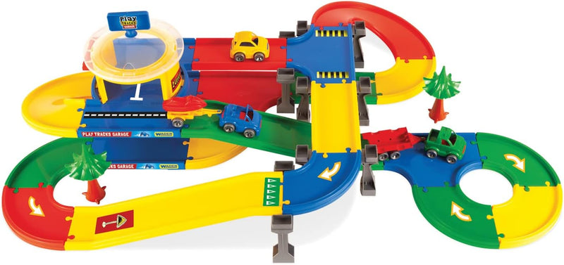 Wader 53140 Play Tracks Garage Ebenen mit DREI Fahrzeugen, Zwei Anhängern und 5,5 m Spielstrasse, ab