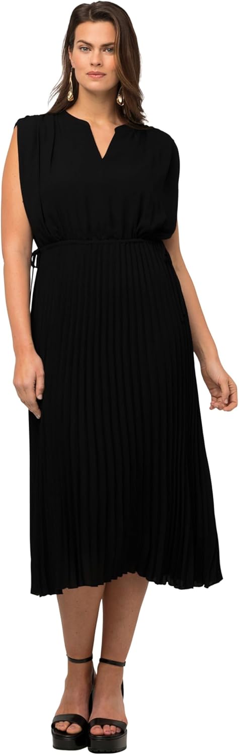 Ulla Popken Damen Plissiertes Chiffonkleid Kleid 44 Schwarz, 44 Schwarz