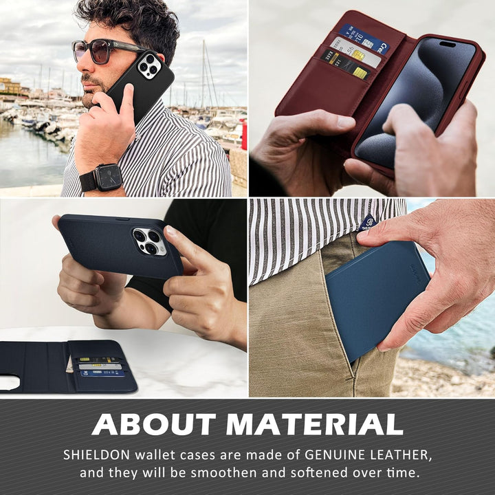 SHIELDON Hülle für iPhone 15 Pro, Echtleder Handyhülle [Abnehmbar] [kabelloses Laden] [Kartenfach] [