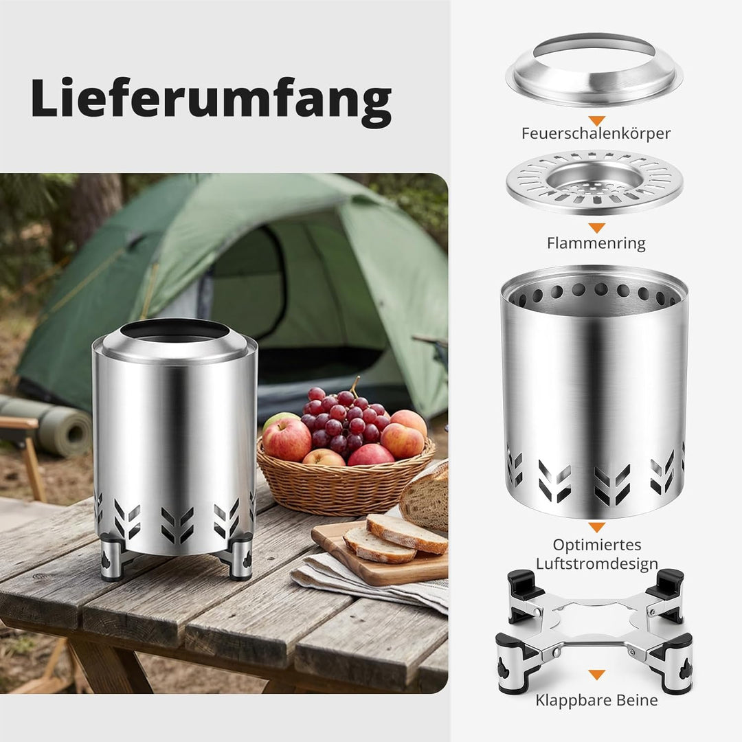Tragbare Mini-Feuerstelle aus Edelstahl für den Aussenbereich, Rauchfreie Feuerschale mit Ständer, E