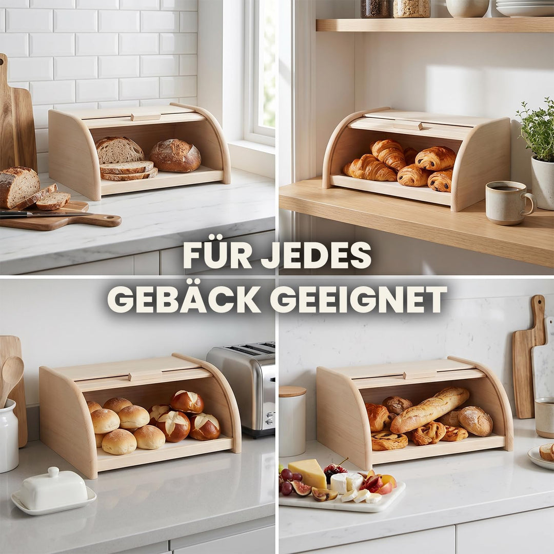 Brotkasten Holz XL mit grosser Öffnung und Rolltop - Brotbox aus Buchenholz für lang anhaltende Fris