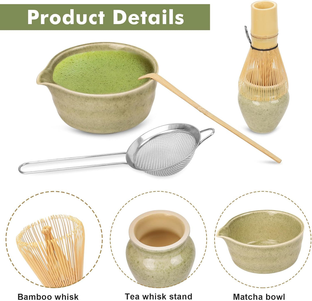 Premium Matcha Tee Set mit Bambusbesen, Keramikschale, Schaufel & Halter - Komplettes Set für Tradit