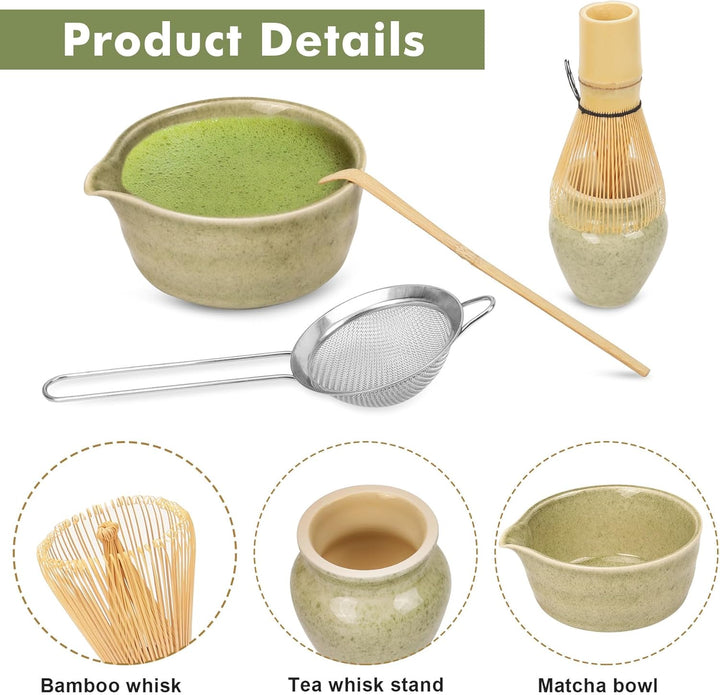 Premium Matcha Tee Set mit Bambusbesen, Keramikschale, Schaufel & Halter - Komplettes Set für Tradit
