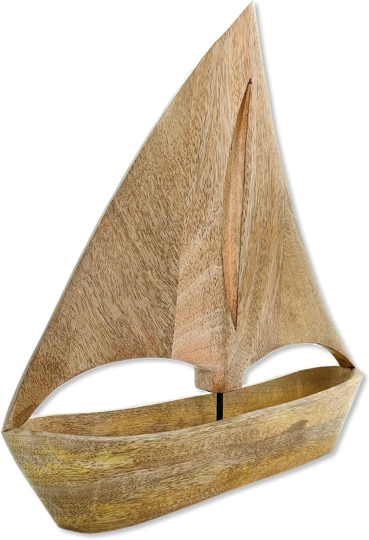 Holz Skulptur Segel-Boot 34 x 35cm braun Dekofigur Tisch-Deko Holzboot Schiff Figur