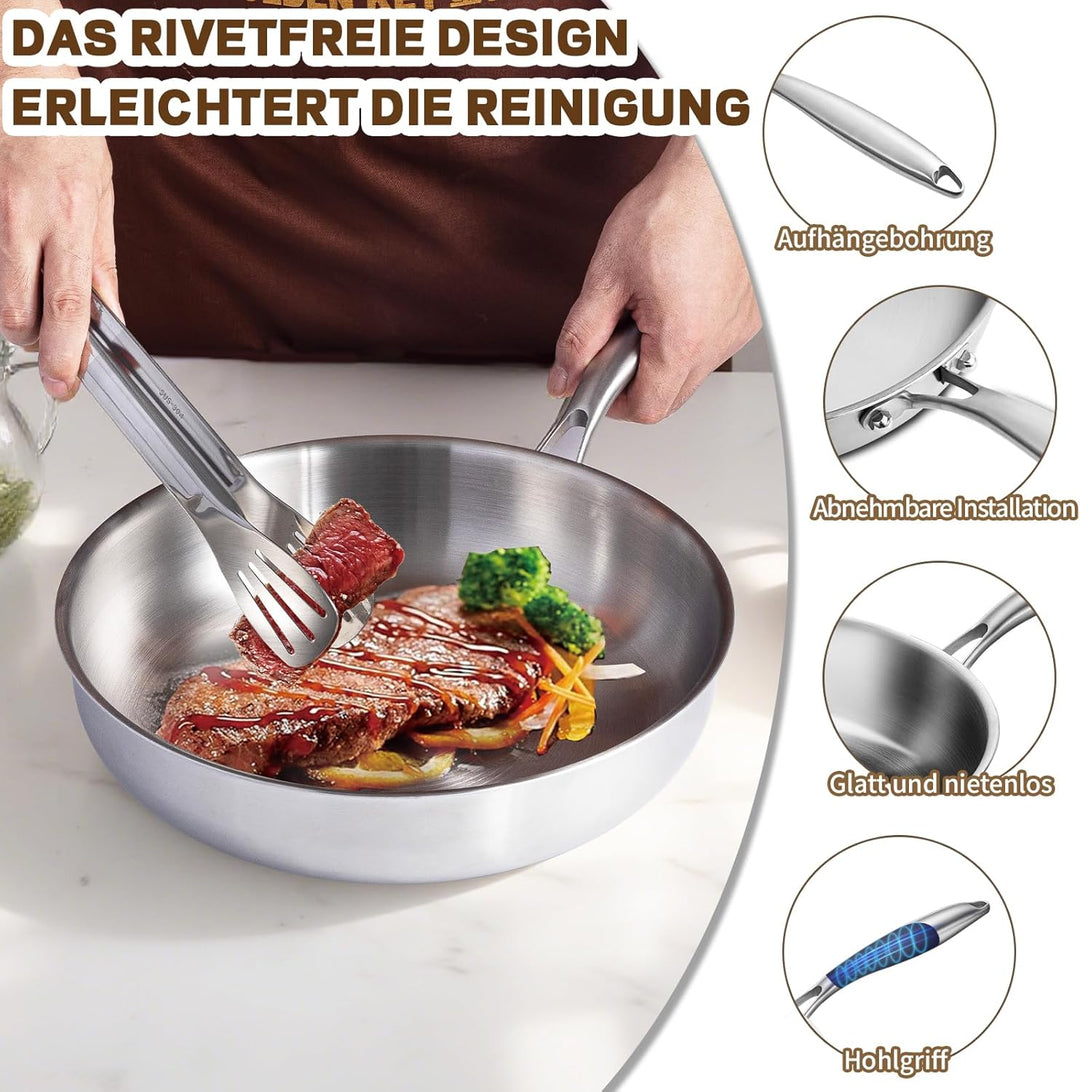 Edelstahlpfanne 28 cm, Edelstahl Pfanne Induktion Unbeschichtet, Stainless Steel Pan PFAS-, PTFE- un