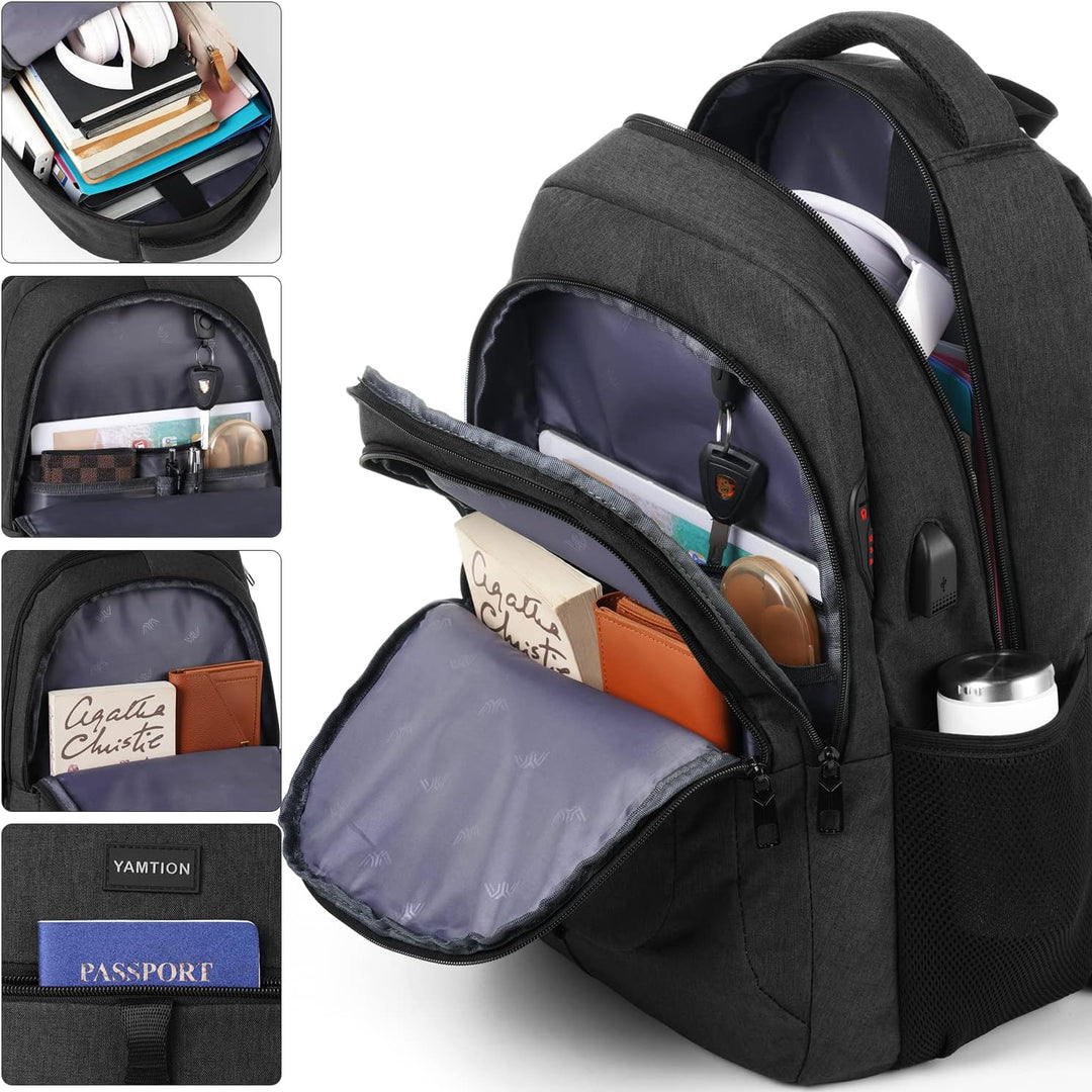 YAMTION Schwarz Rucksack Herren und Damen,Unisex Schulrucksack Teenager für Jungen Mädchen Laptop Ru