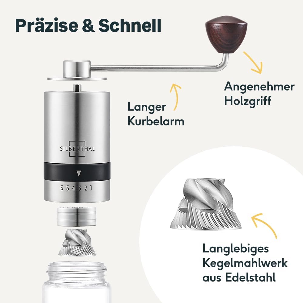 SILBERTHAL Kaffeemühle Manuell Kegelmahlwerk - Verstellbarer Mahlgrad - Handmühle aus Edelstahl und