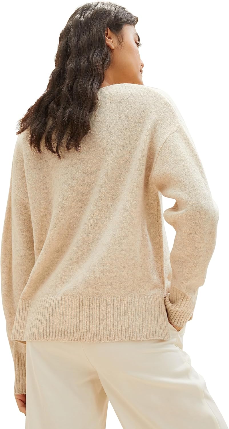 TOM TAILOR Denim Damen Basic Pullover mit V-Ausschnitt S 33803 - Dusty Sand Beige Melange, S 33803 -