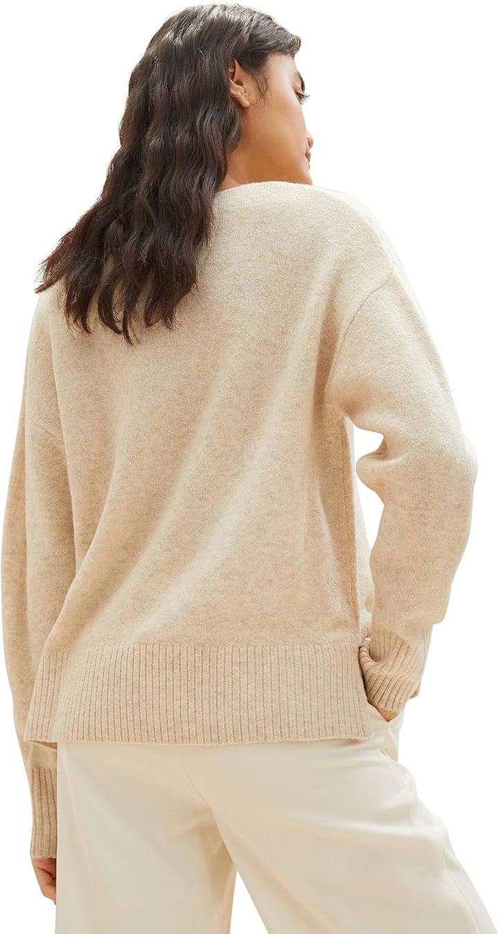 TOM TAILOR Denim Damen Basic Pullover mit V-Ausschnitt S 33803 - Dusty Sand Beige Melange, S 33803 -